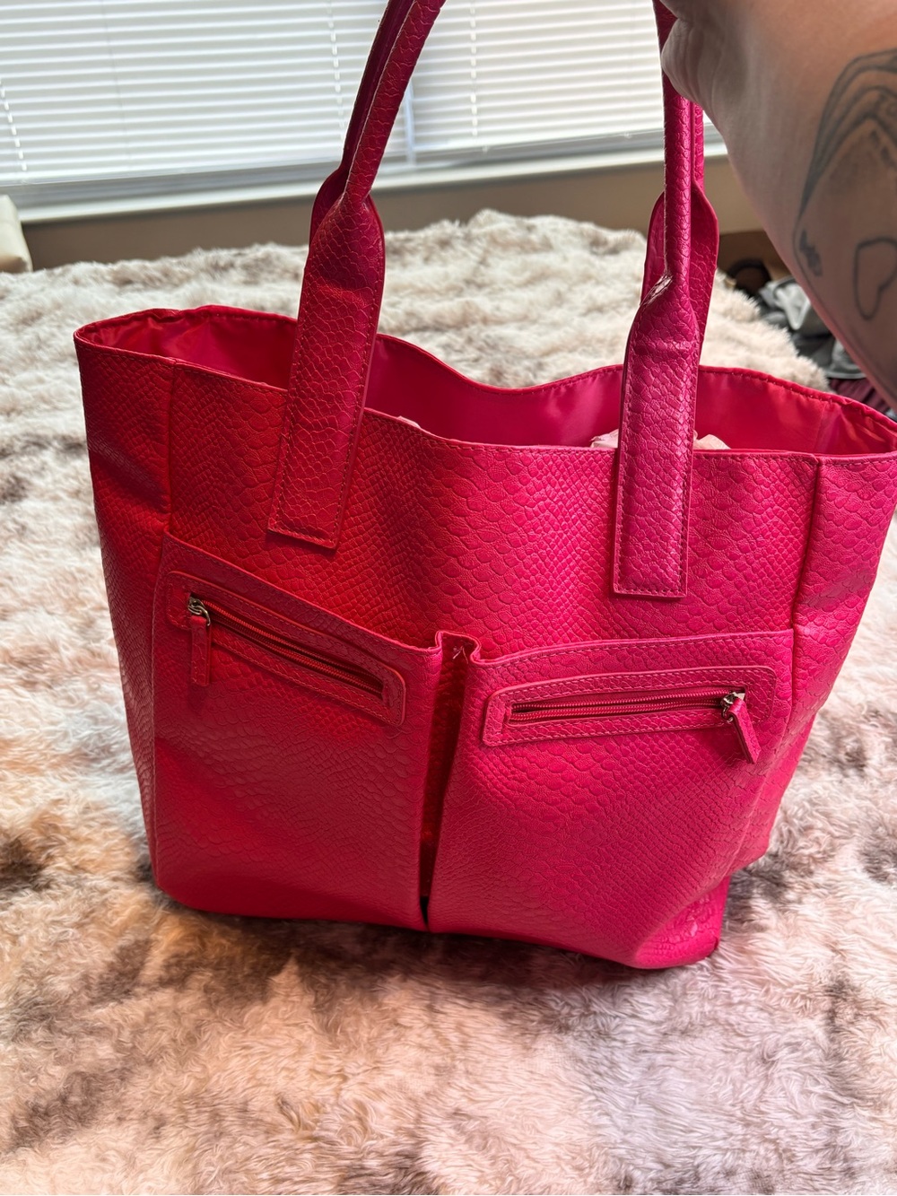 Neiman Marcus Hot Pink Textured Tote with Front Zip Pockets